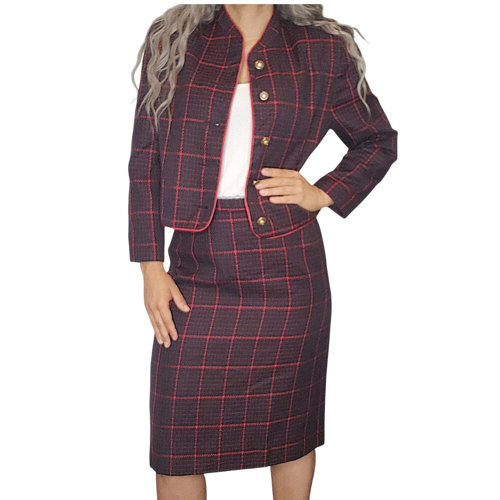 Vintage Plaid Suit Set Womens 12P Petite Black Red Blazer Skirt Office Siren